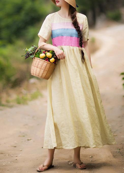 Beautiful Yellow Tunic Dress O Neck Patchwork Traveling Summer Dresses - Omychic