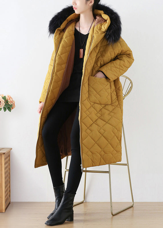 Beautiful Yellow Zippered Warm Hooded Long Parka Winter