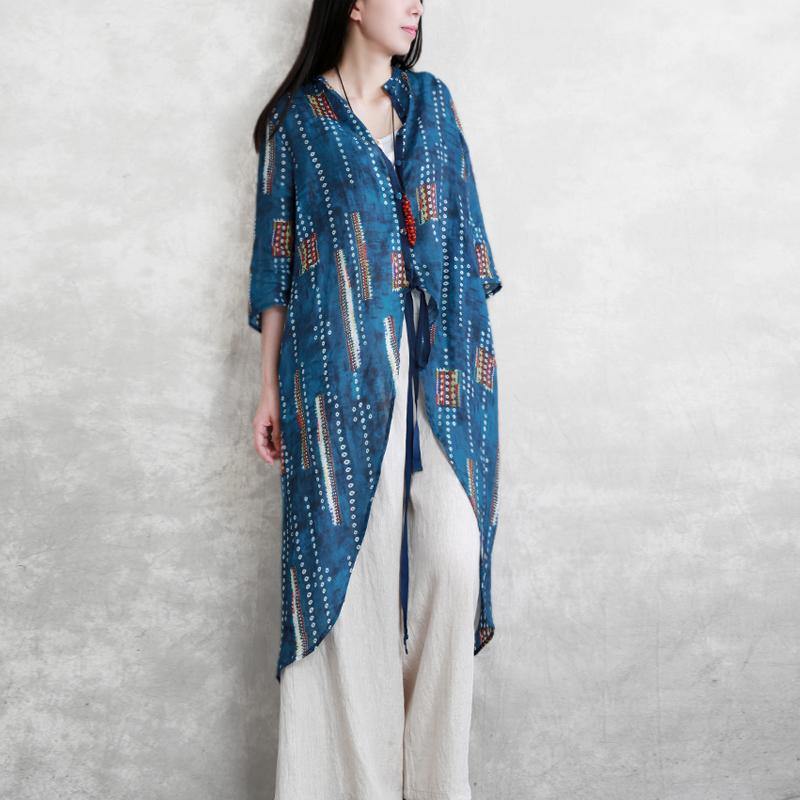 Beautiful asymmetric half sleeve linen clothes Photography blue print shirt summer - Omychic
