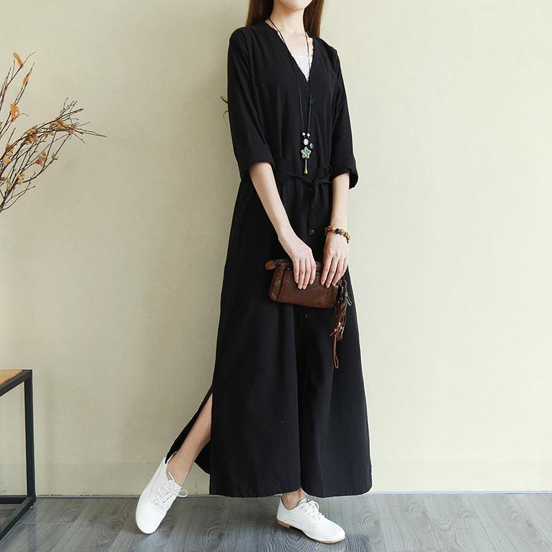 Beautiful black cotton clothes For Women 2019 pattern v neck pockets A Line shirt Dresses - Omychic