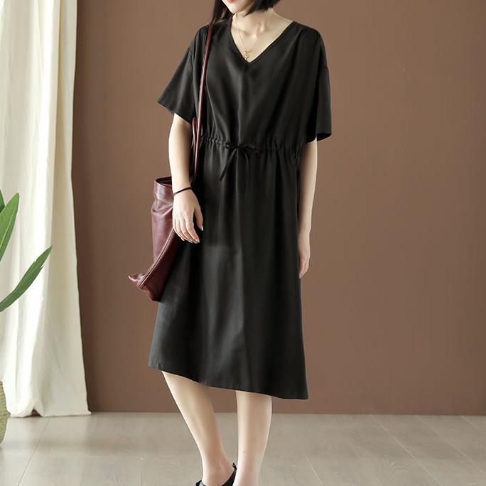 Beautiful black silk v neck drawstring tunic summer Dress - Omychic