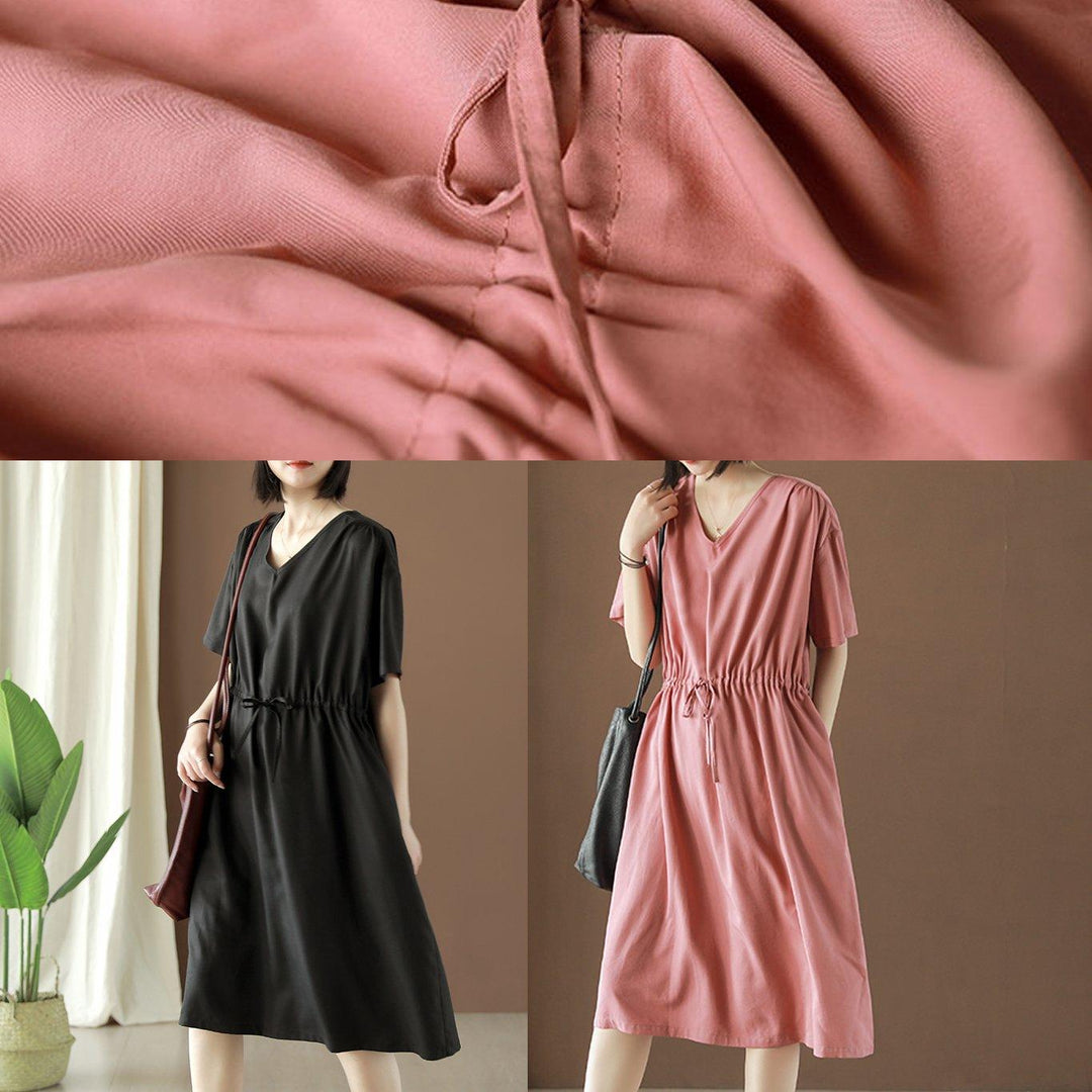 Beautiful black silk v neck drawstring tunic summer Dress - Omychic