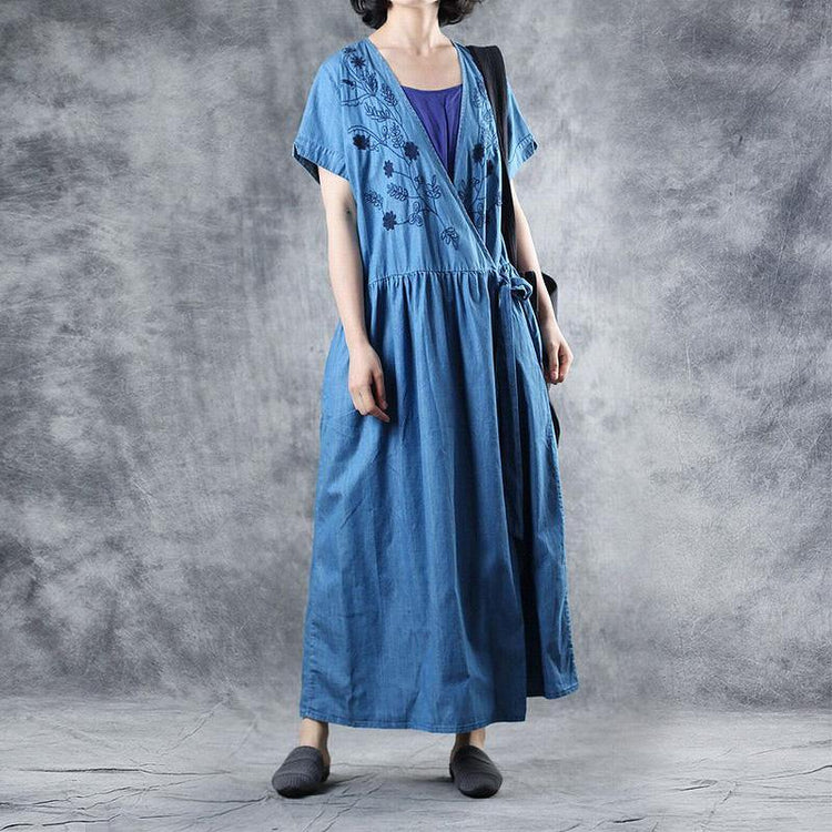 Beautiful blue cotton Tunic v neck embroidery loose summer Dresses - Omychic