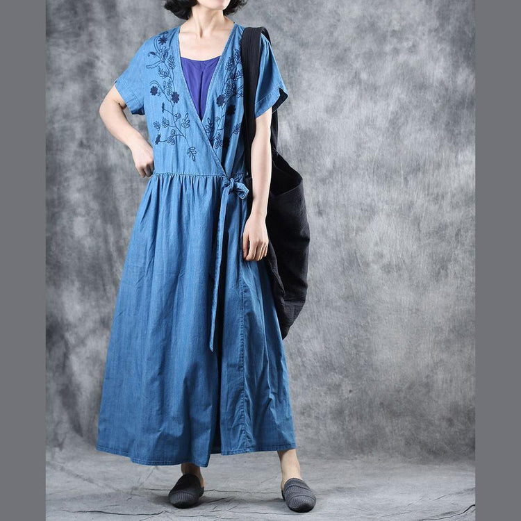 Beautiful blue cotton Tunic v neck embroidery loose summer Dresses - Omychic