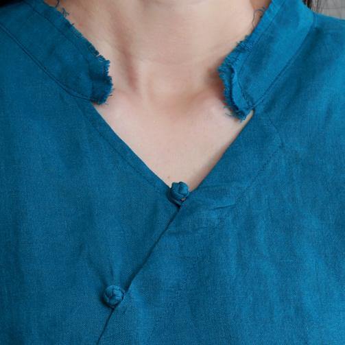 Beautiful blue linen shirts women v neck half sleeve Plus Size Clothing summer shirts - Omychic