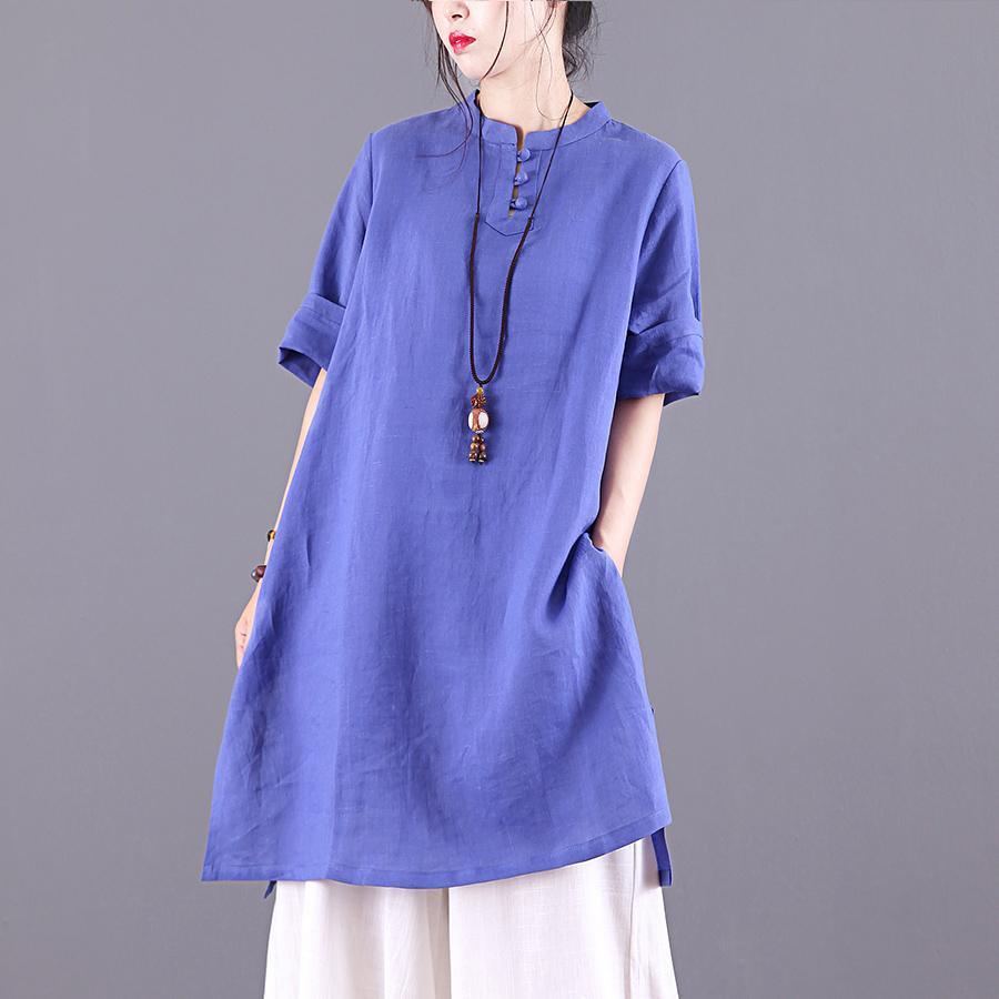Beautiful blue linen tops women stand collar half sleeve cotton summer tops - Omychic