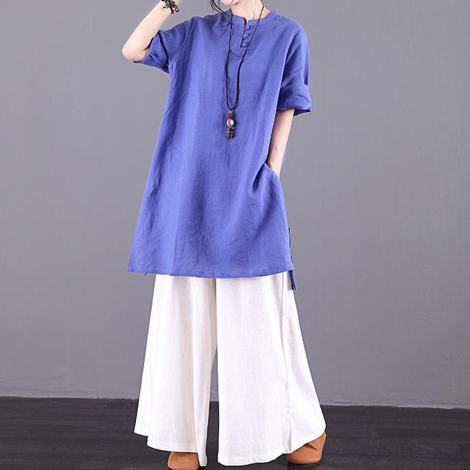 Beautiful blue linen tops women stand collar half sleeve cotton summer tops - Omychic