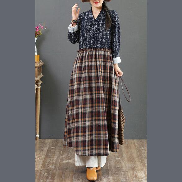 Beautiful blue plaid linen clothes v neck wrinkled Maxi fall Dresses - Omychic