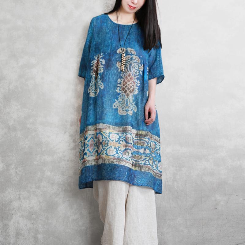 Beautiful blue print linen clothes For Women o neck pockets Knee summer Dresses - Omychic