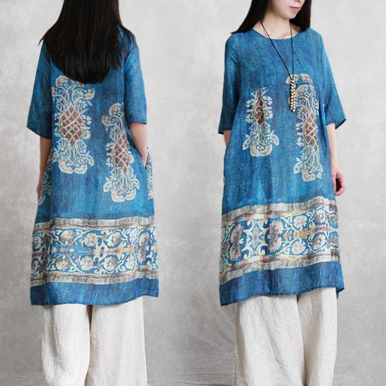 Beautiful blue print linen clothes For Women o neck pockets Knee summer Dresses - Omychic