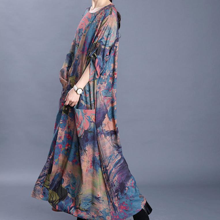 Beautiful blue print tunics for women o neck asymmetric long Dresses - Omychic