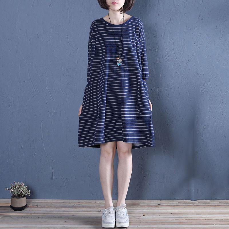 Beautiful blue striped Cotton for women o neck pockets baggy summer Dress - Omychic