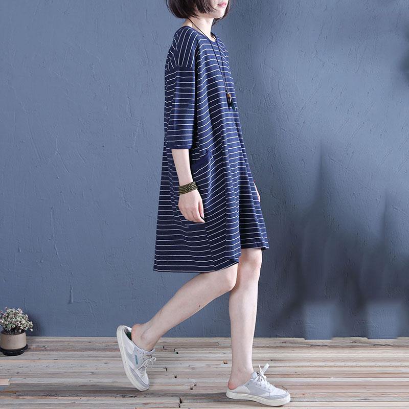 Beautiful blue striped Cotton for women o neck pockets baggy summer Dress - Omychic