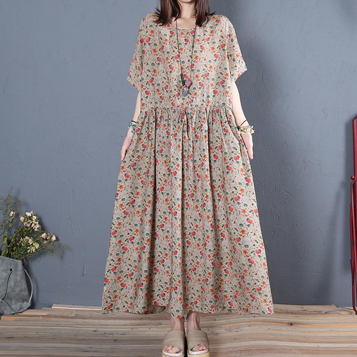 Beautiful brown cotton tunics for women o neck red print wrinkled Maxi summer Dress - Omychic
