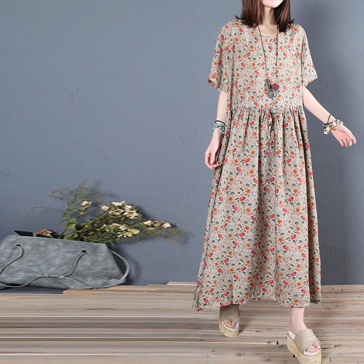 Beautiful brown cotton tunics for women o neck red print wrinkled Maxi summer Dress - Omychic