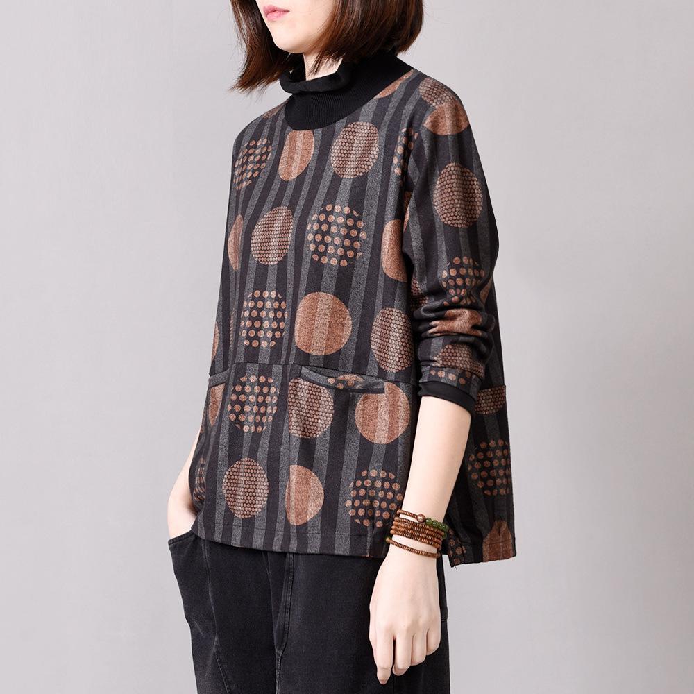 Beautiful chocolate dotted cotton clothes For Women high neck pockets baggy blouses - Omychic