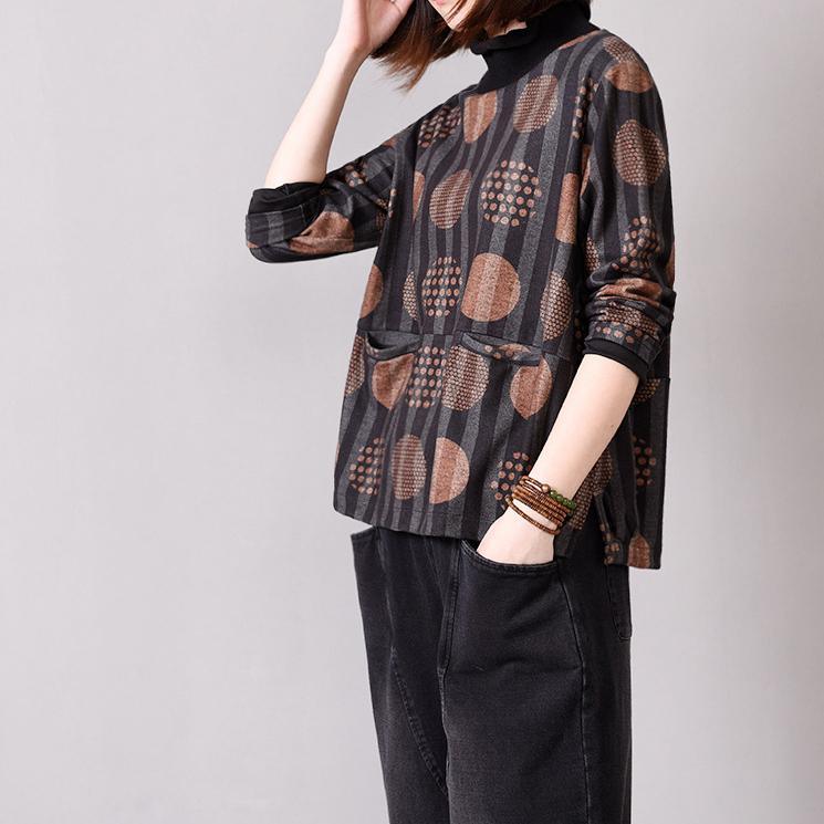 Beautiful chocolate dotted cotton clothes For Women high neck pockets baggy blouses - Omychic