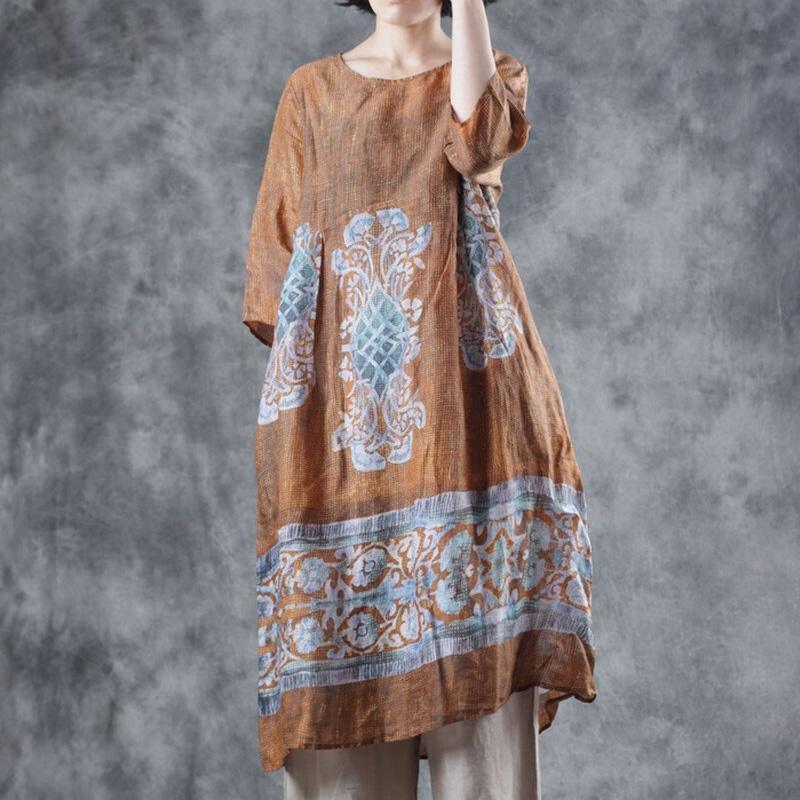 Beautiful chocolate dotted linen clothes For Women patchwork pockets Midi summer Dresses - Omychic