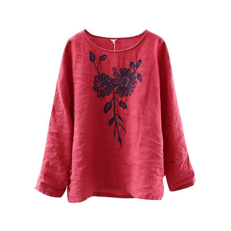 Beautiful cotton linen clothes 2019 Women Raglan Sleeve Embroidery Spring T-Shirt - Omychic
