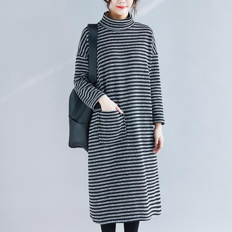Beautiful cotton quilting clothes top quality Outfits black striped A Line Dresses autumn - Omychic