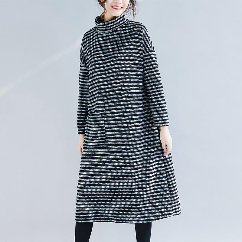 Beautiful cotton quilting clothes top quality Outfits black striped A Line Dresses autumn - Omychic