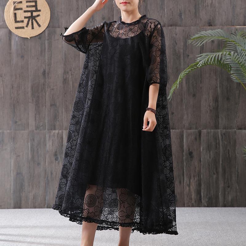 Beautiful cotton tunic pattern Mom Solid Color Lace Embroidery Loose Maxi Dress - Omychic