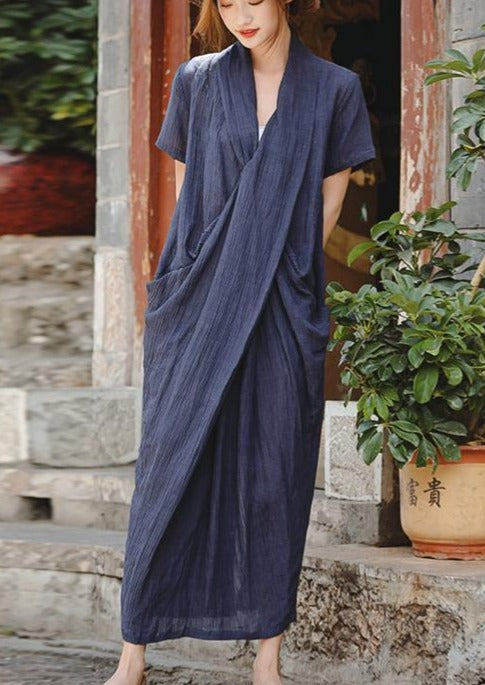 Beautiful Dark Blue Linen Dresses Plus Size Shirts V Neck Asymmetric Robe Summer Dress - Omychic