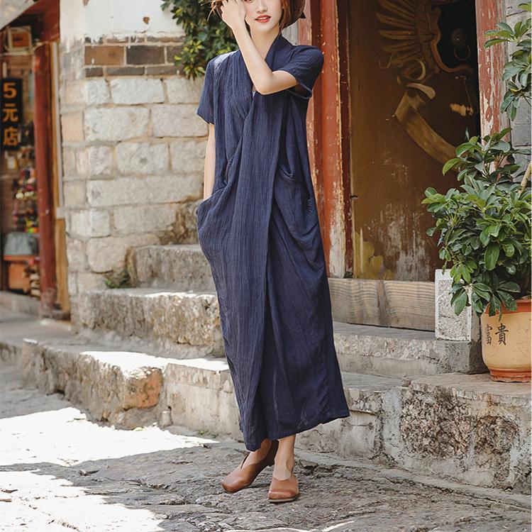 Beautiful Dark Blue Linen Dresses Plus Size Shirts V Neck Asymmetric Robe Summer Dress - Omychic