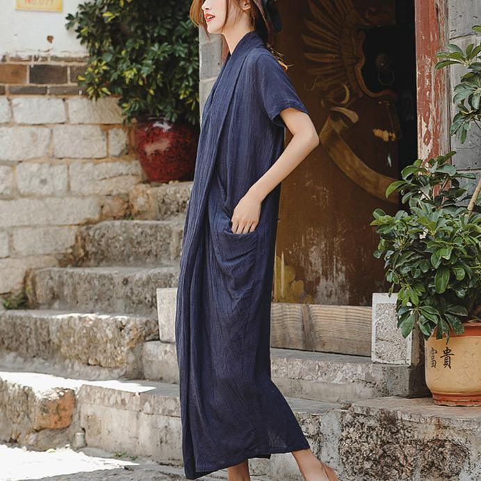 Beautiful Dark Blue Linen Dresses Plus Size Shirts V Neck Asymmetric Robe Summer Dress - Omychic