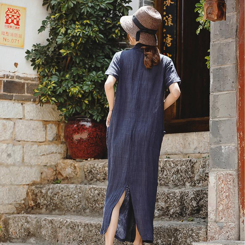 Beautiful Dark Blue Linen Dresses Plus Size Shirts V Neck Asymmetric Robe Summer Dress - Omychic
