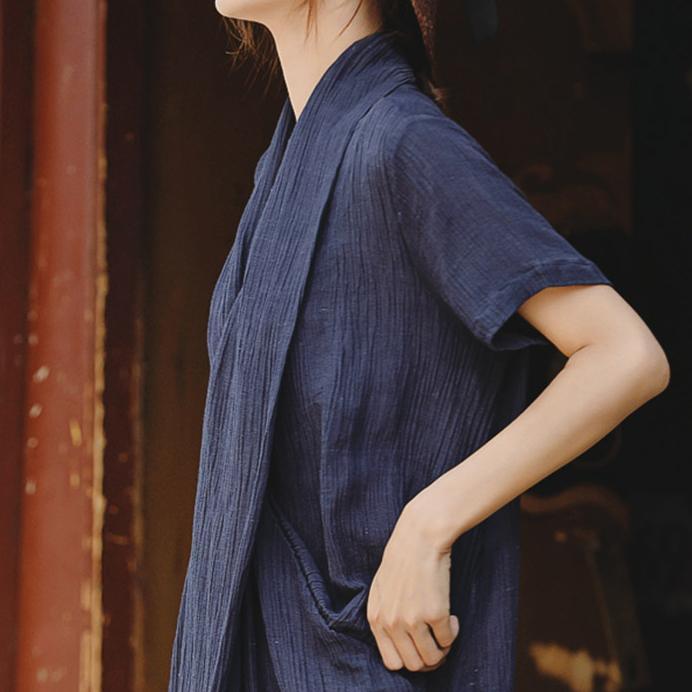 Beautiful Dark Blue Linen Dresses Plus Size Shirts V Neck Asymmetric Robe Summer Dress - Omychic