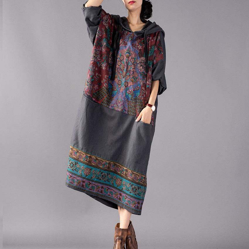 Beautiful dark gray cotton dresses Omychic hooded patchwork long spring Dresses - Omychic