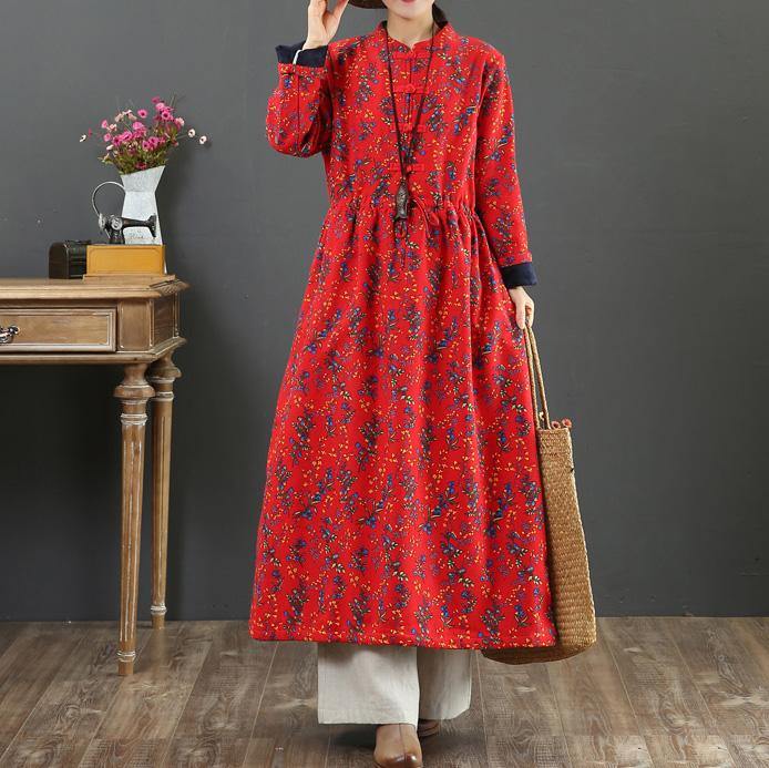 Beautiful drawstring cotton stand collar dress Shape red prints Dress - Omychic