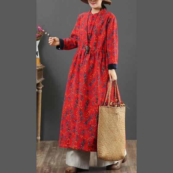 Beautiful drawstring cotton stand collar dress Shape red prints Dress - Omychic