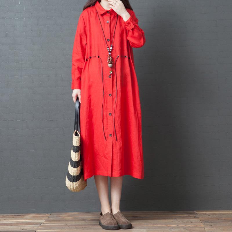 Beautiful drawstring shirt linen Robes Fashion Cotton red lapel collar long Dress spring - Omychic