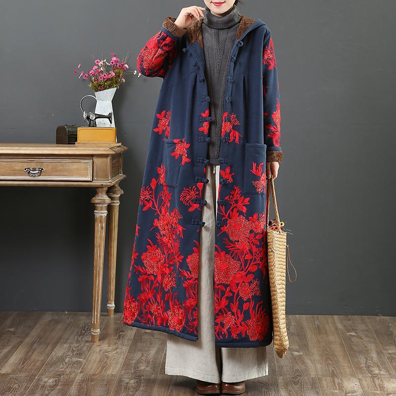 Beautiful embroidery Fine hooded outwear navy warm daily jackets - Omychic