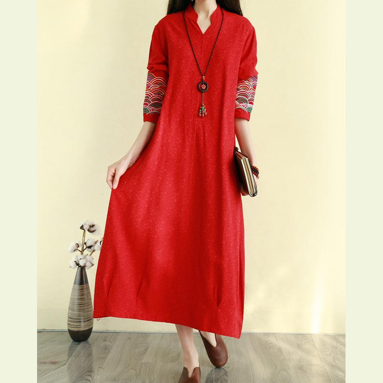Beautiful embroidery cotton linen v neck outfit Shape red Dresses - Omychic