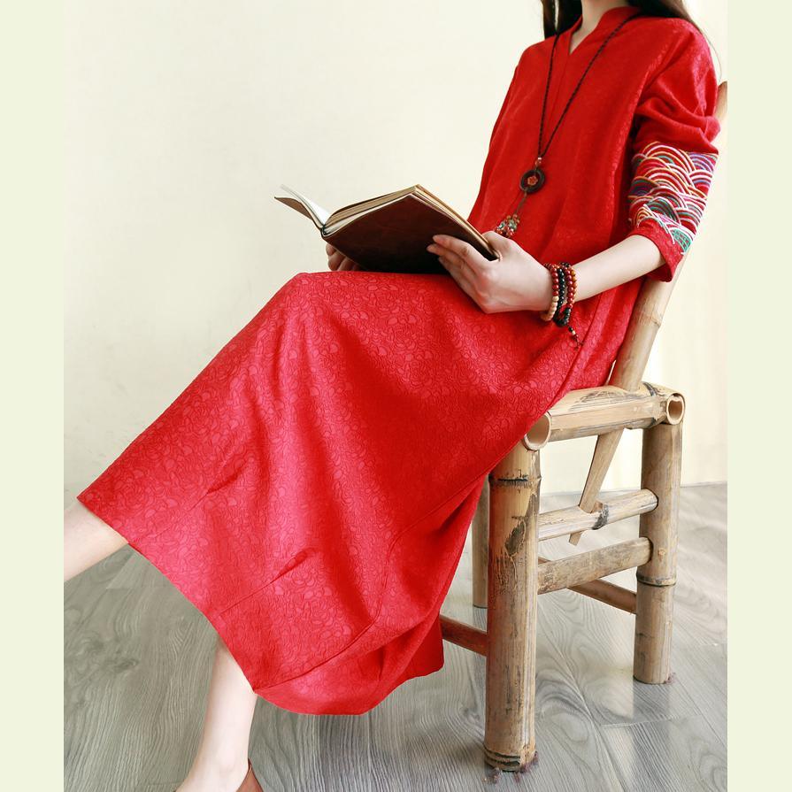 Beautiful embroidery cotton linen v neck outfit Shape red Dresses - Omychic