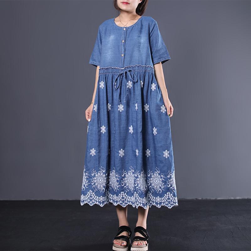 Beautiful embroidery cotton quilting dresses pattern blue  Maxi Dress summer - Omychic