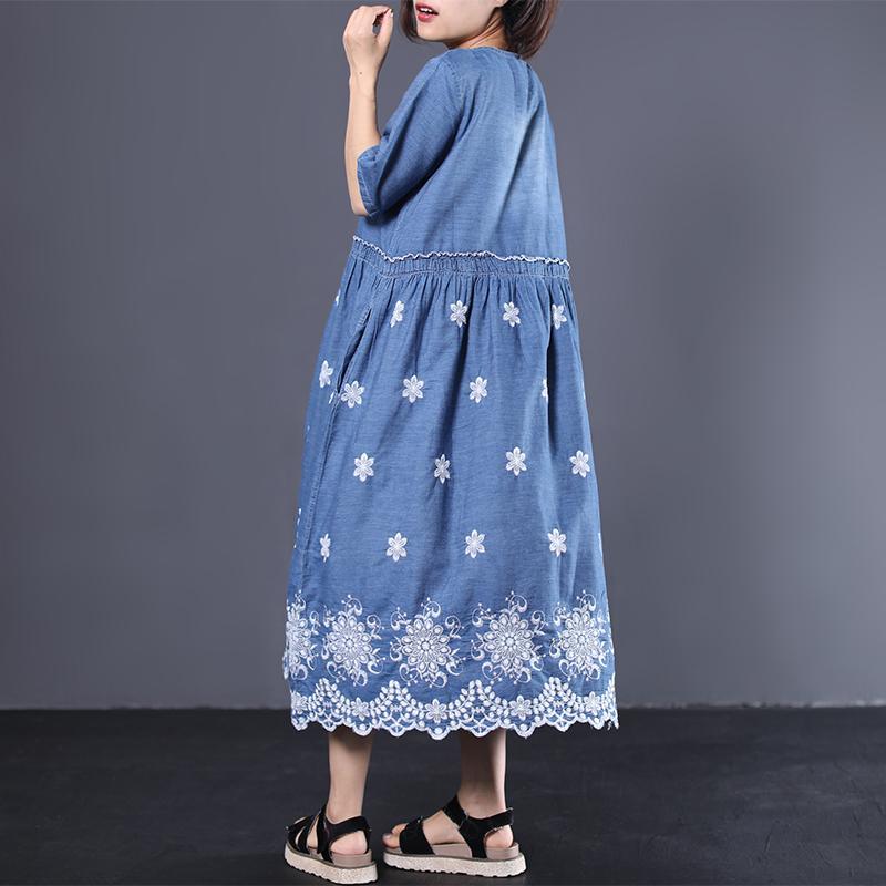Beautiful embroidery cotton quilting dresses pattern blue  Maxi Dress summer - Omychic