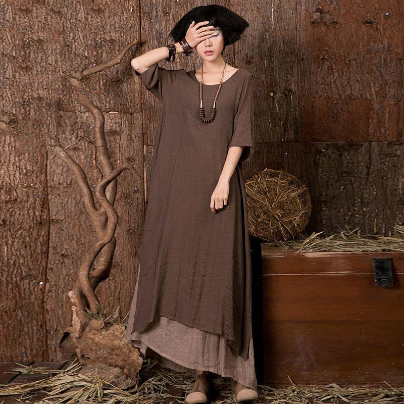 Beautiful half sleeve cotton linen clothes For Women Sewing chocolate Dresses summer - Omychic