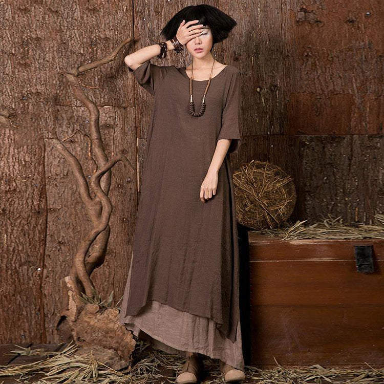 Beautiful half sleeve cotton linen clothes For Women Sewing chocolate Dresses summer - Omychic