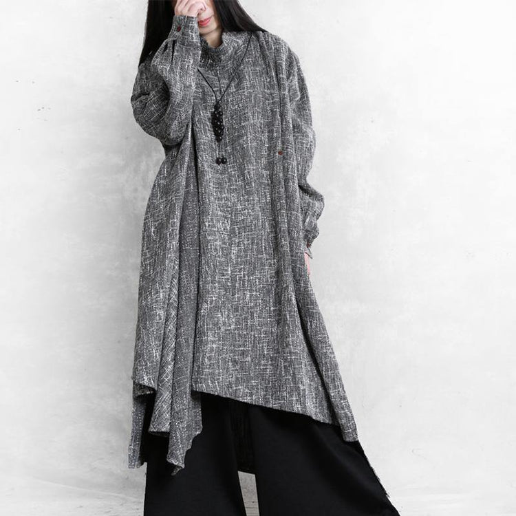 Beautiful high neck asymmetric linen clothes Fashion Ideas gray Plaid Dresses - Omychic