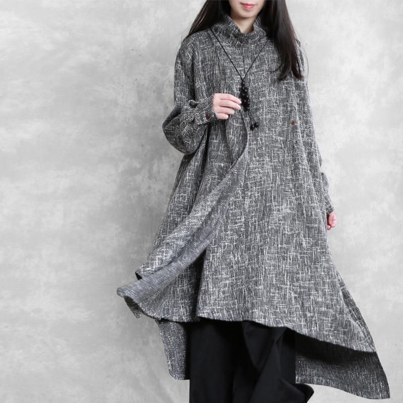 Beautiful high neck asymmetric linen clothes Fashion Ideas gray Plaid Dresses - Omychic