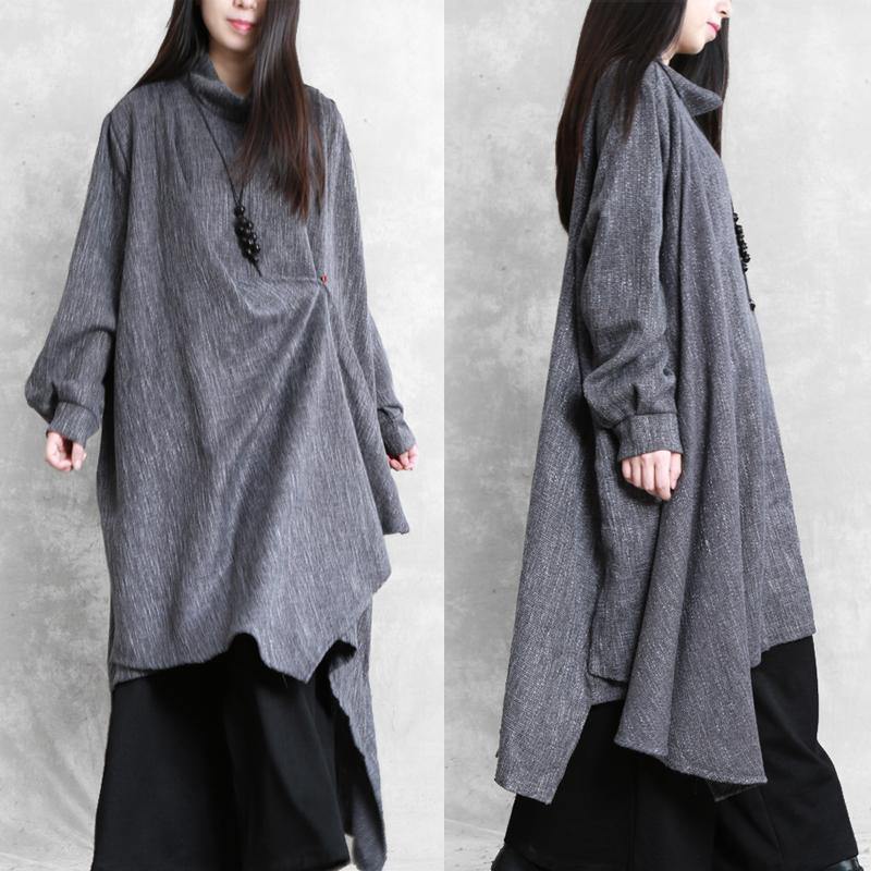 Beautiful high neck asymmetric linen clothes Fashion Ideas gray Plaid Dresses - Omychic