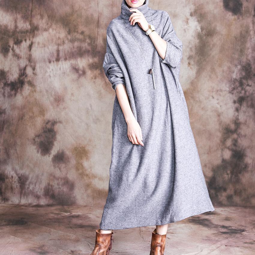 Beautiful high neck cotton long sleeve tunic dress Inspiration gray Maxi Dresses - Omychic