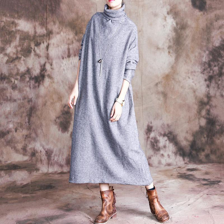 Beautiful high neck cotton long sleeve tunic dress Inspiration gray Maxi Dresses - Omychic