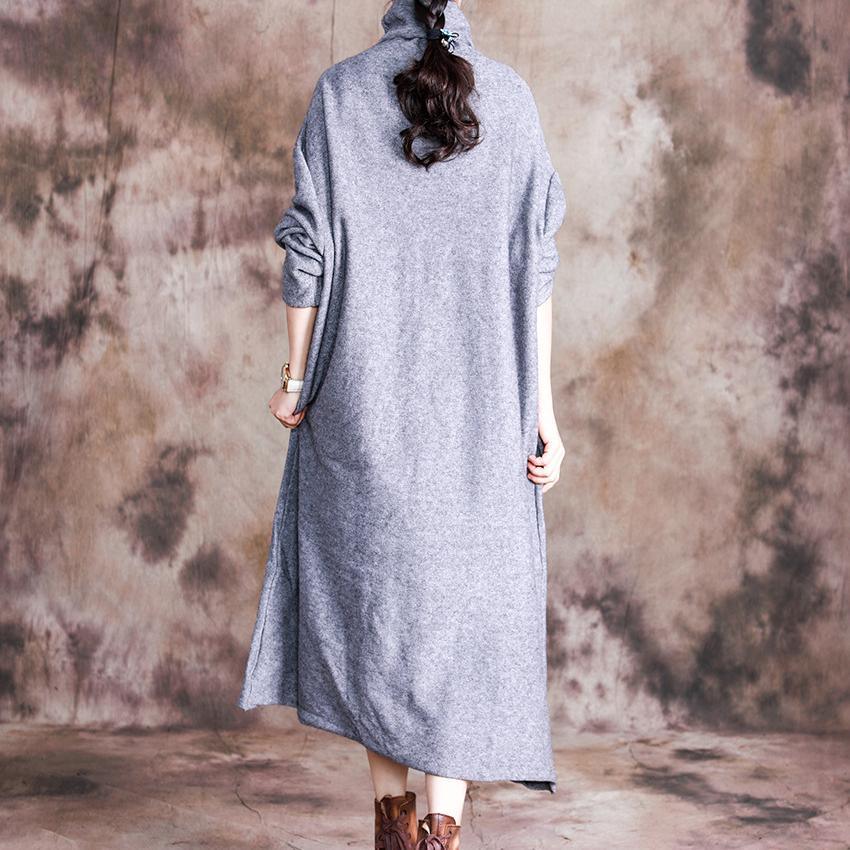 Beautiful high neck cotton long sleeve tunic dress Inspiration gray Maxi Dresses - Omychic