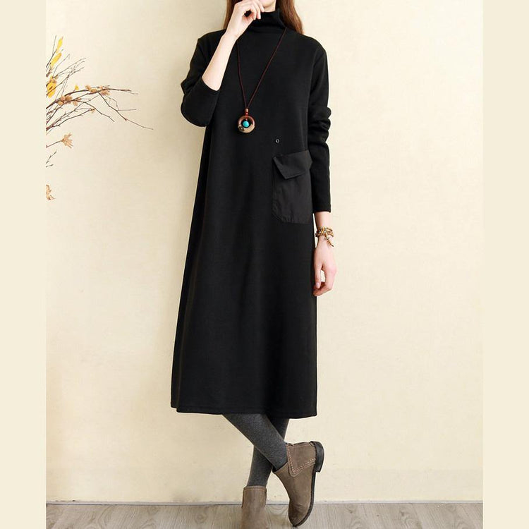 Beautiful high neck pockets cotton tunics for women Indian Runway black Plus Size Dress - Omychic