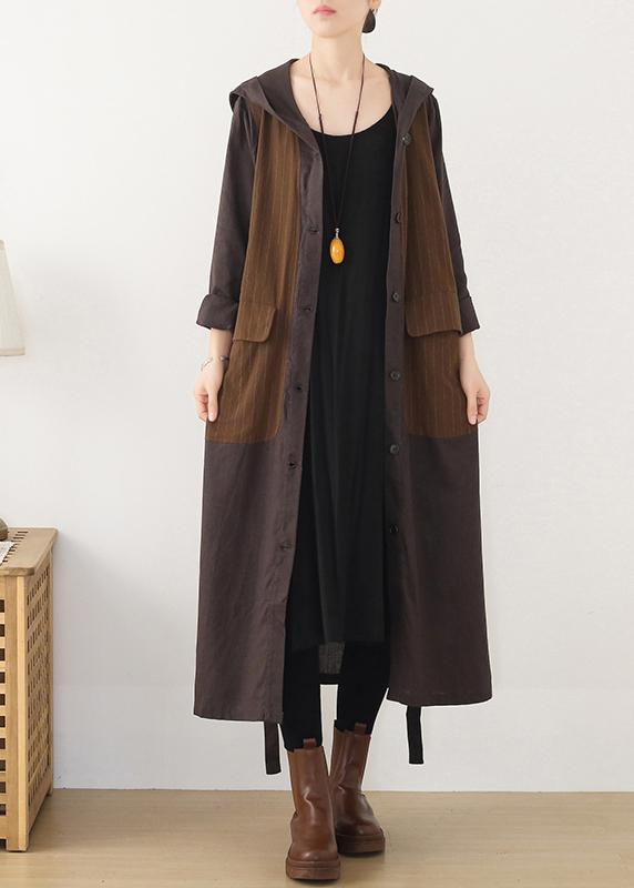 Beautiful hooded Plus Size striped trench coat chocolate cotton women coats - Omychic